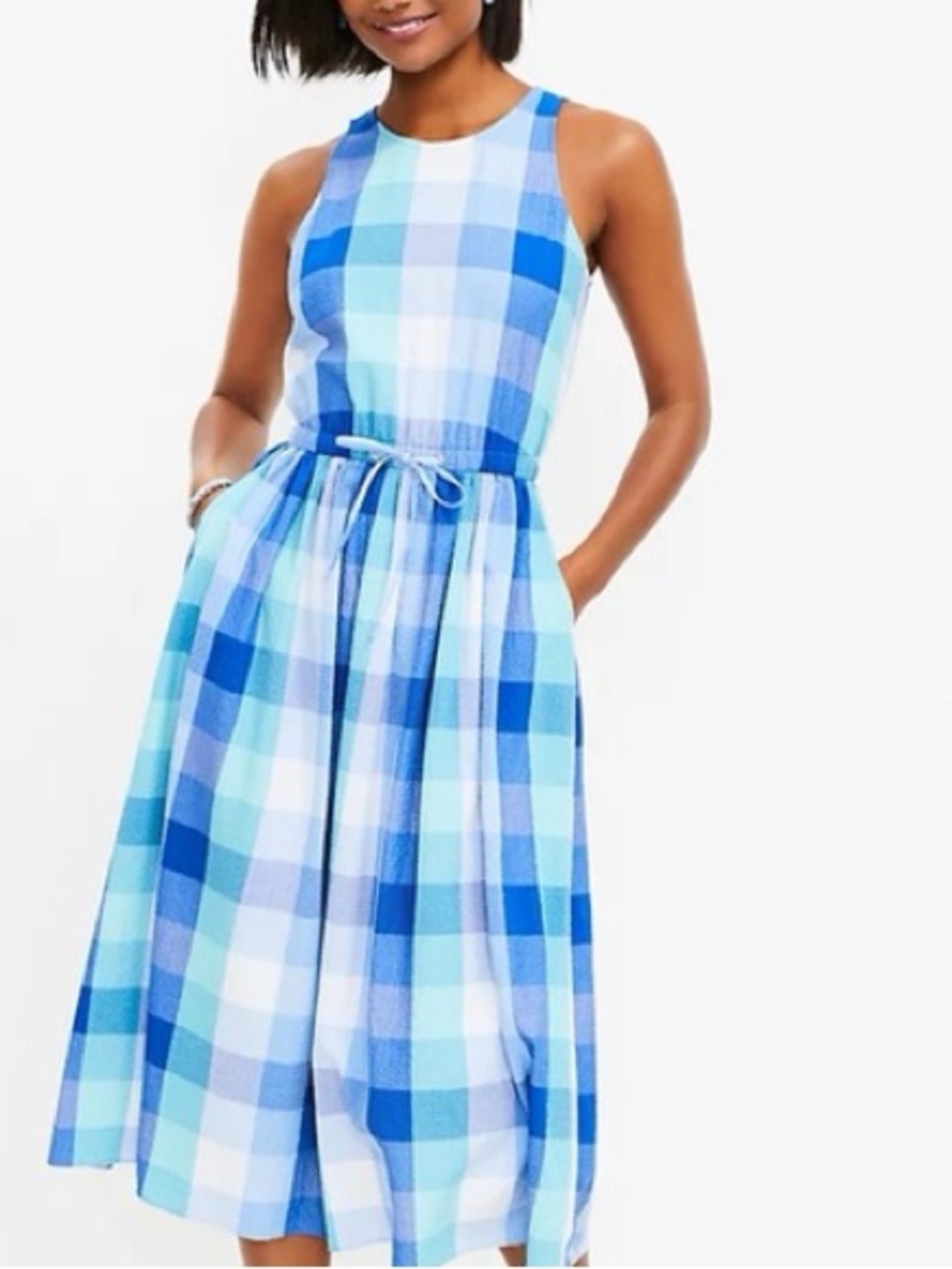 LOFT Blue Green Plaid Seersucker Cutout Back Midi Dress XS 39900